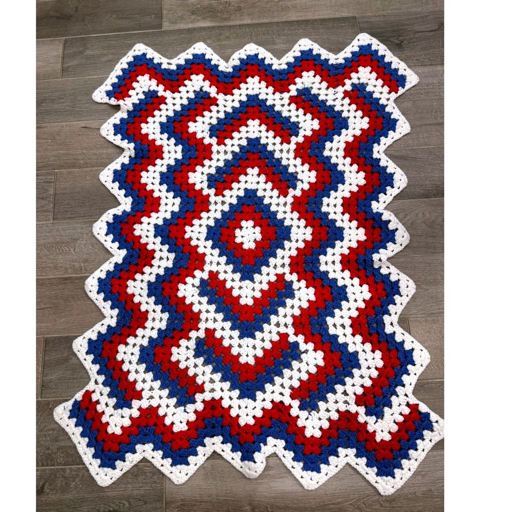 Handmade Crochet Afghan 48x32 Red White Blue Patriotic Granny Stitch Americana